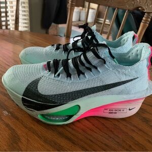 Nike Women’s Flyknit Road Racing Shoes — Light Blue with Pink & Green Accents